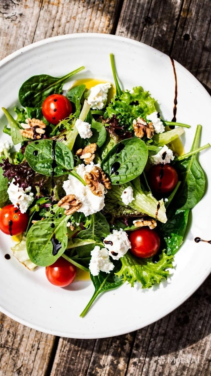 Garden greens with chèvre, walnuts and cherry tomatoes