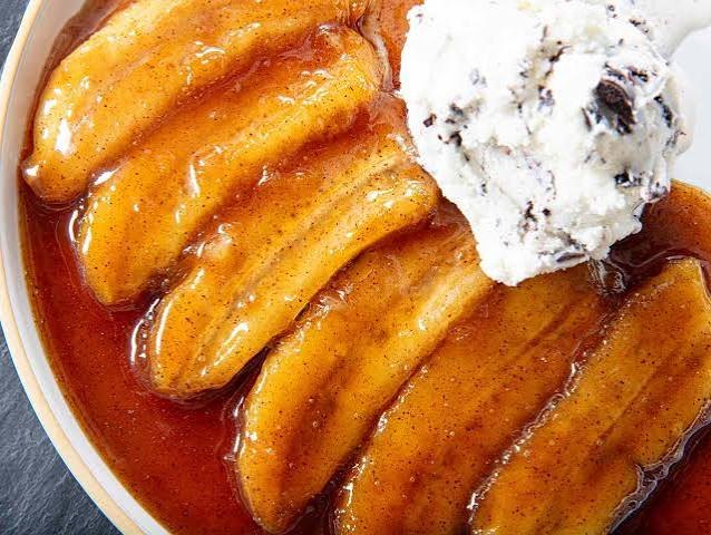 Bananas Foster in caramel rum sauce with ice cream