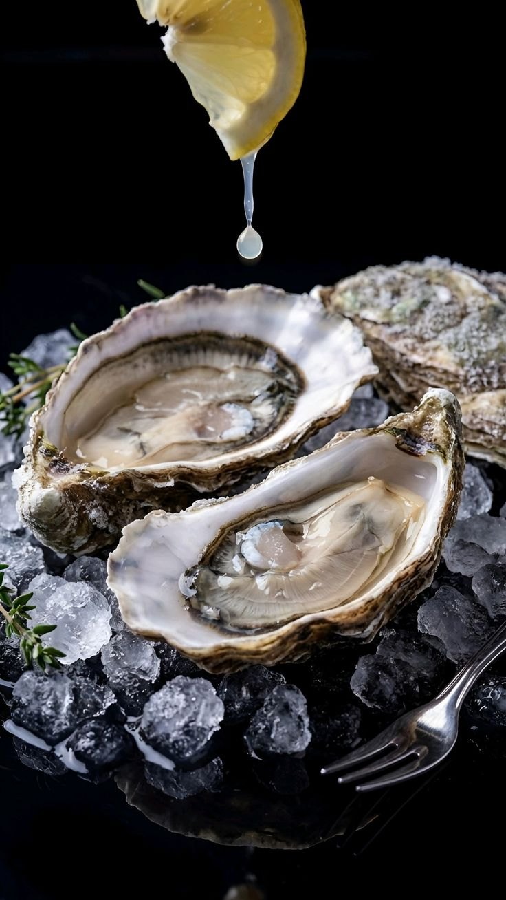 Fresh oysters on the half shell over crushed ice with lemon